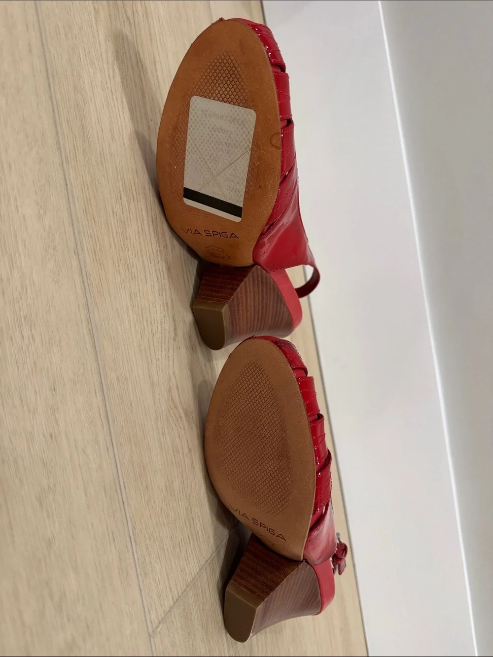 Via Spiga Red Patent Peep-Toe Slingback Heels with Cutout Perforation